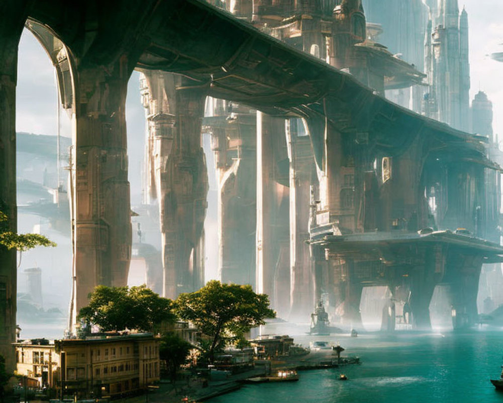 Futuristic cityscape with towering structures and elevated roadway over river