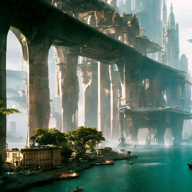 Futuristic cityscape with towering structures and elevated roadway over river