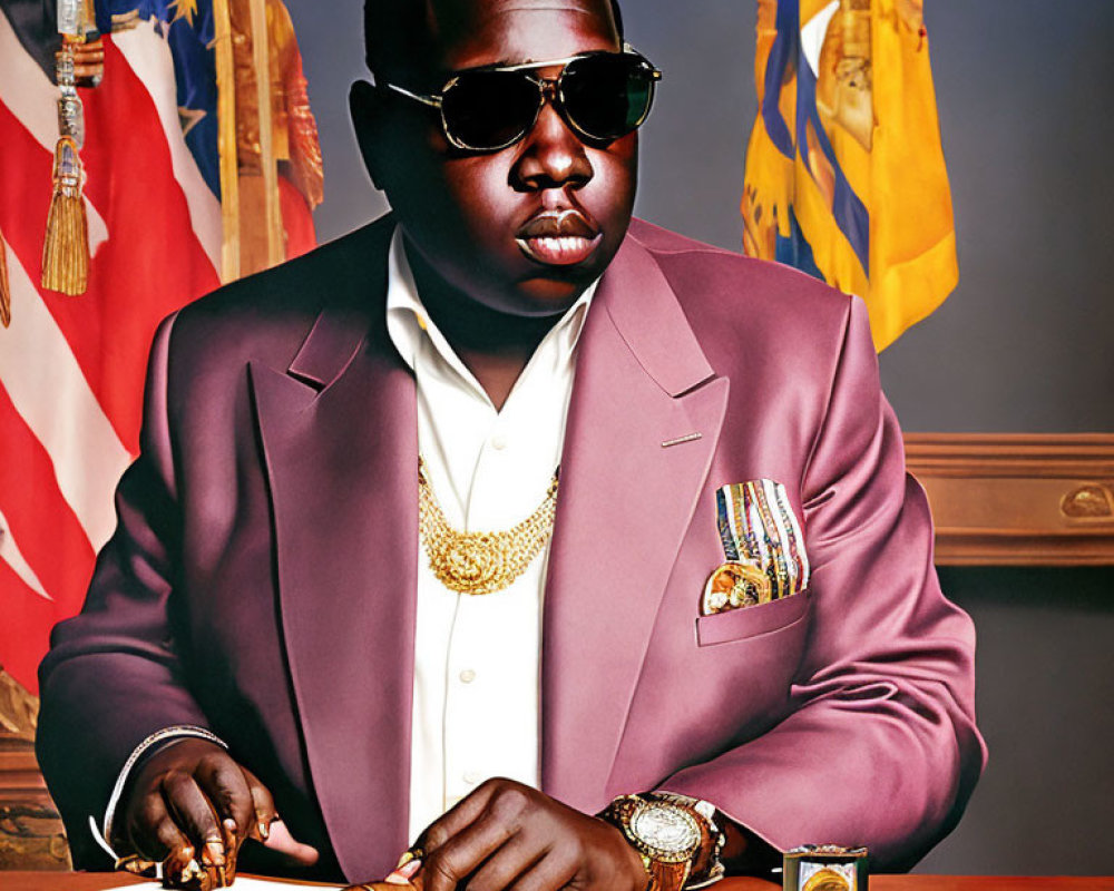 Man in Maroon Suit with Sunglasses and Cigar at Table with Flags