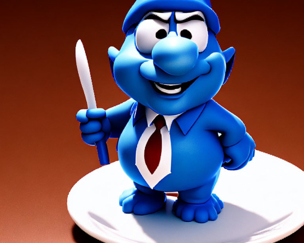 3D rendering of Papa Smurf with knife on plate in brown background