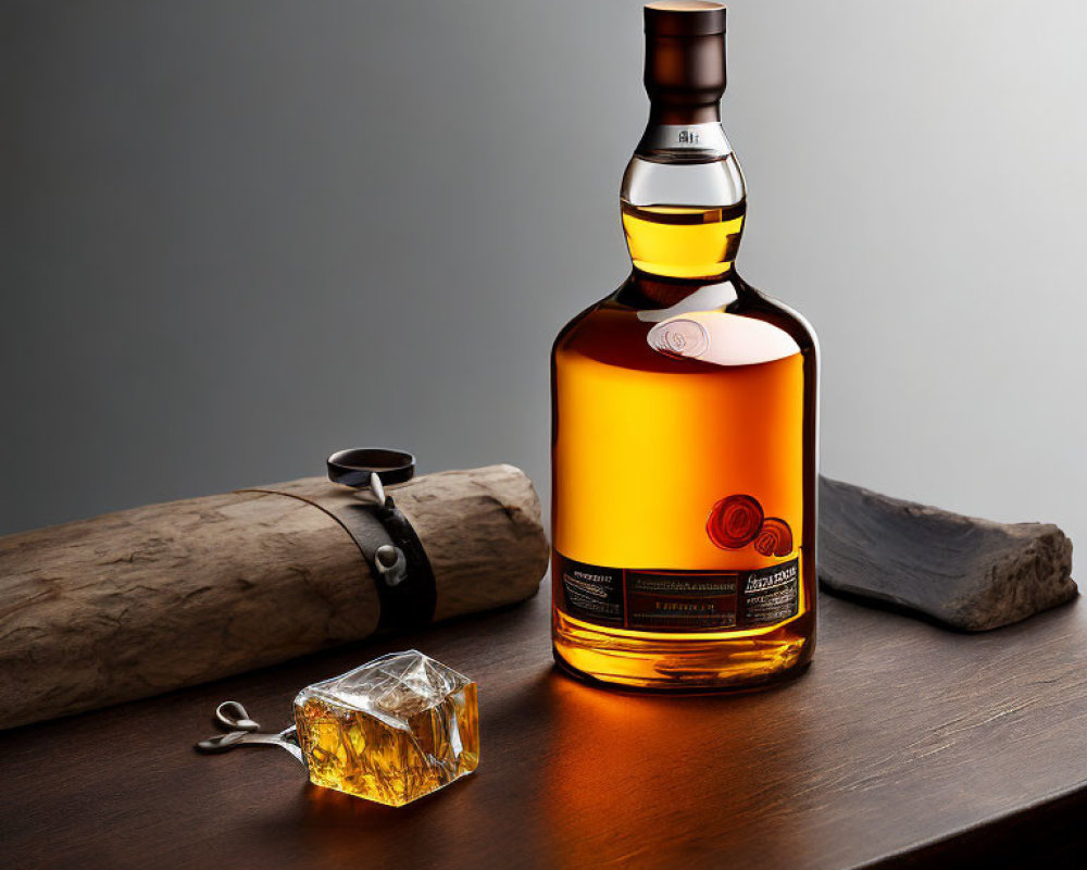 Amber-colored whisky bottle with cigar on wood surface