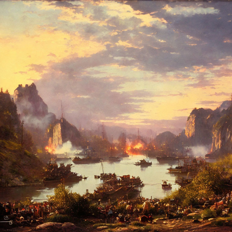 Vibrant sunset over river harbor with boats, cliffs, and people.