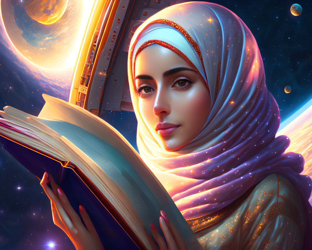 Woman in hijab reading book with cosmic backdrop.