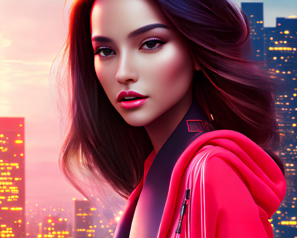 Digital artwork: Woman in red jacket with flowing hair against vibrant sunset cityscape