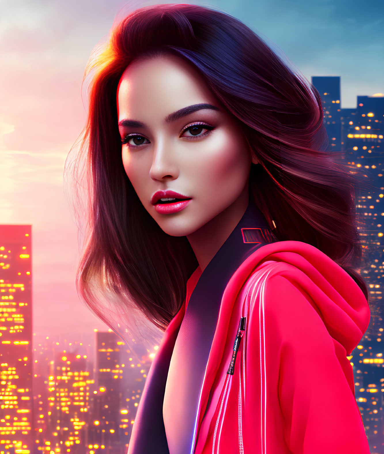 Digital artwork: Woman in red jacket with flowing hair against vibrant sunset cityscape