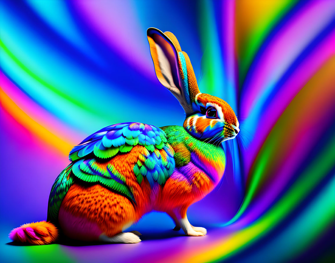 Colorful surreal rabbit with bird feather pattern on swirling background