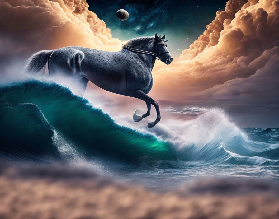 Gray horse galloping on wave with dramatic sky and planets