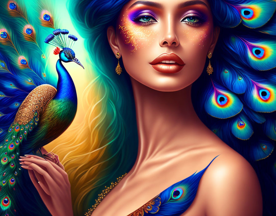 Detailed Illustration of Woman with Peacock Features in Vibrant Blue and Green Hues