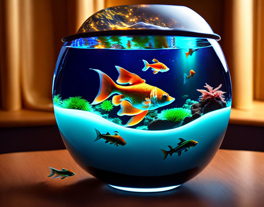 Colorful Fishbowl with Goldfish and Plants on Wooden Surface