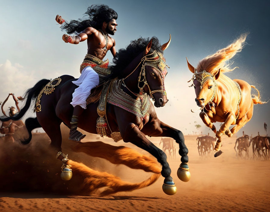 Muscular warrior riding adorned horse in dusty landscape.