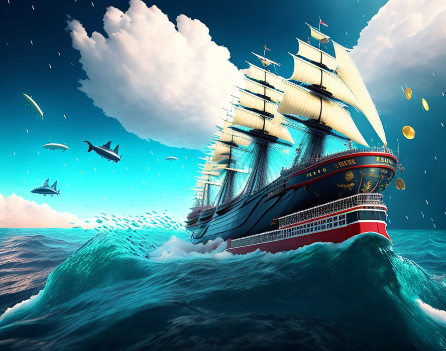 Tall ship sailing on vibrant ocean with billowing sails and scattered gold coins