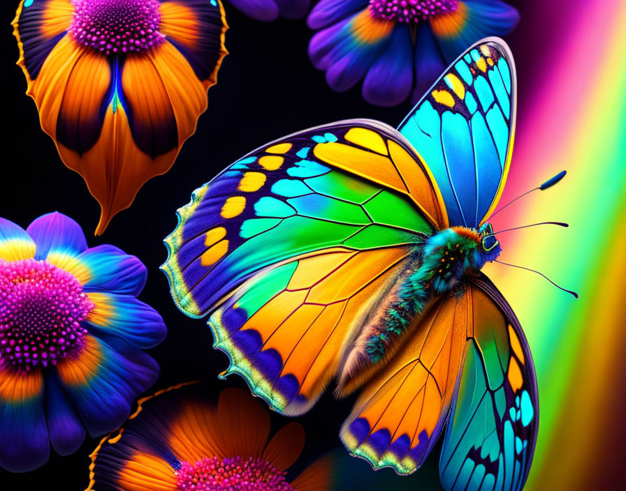 Colorful Butterfly Resting on Flower with Blue and Orange Wings