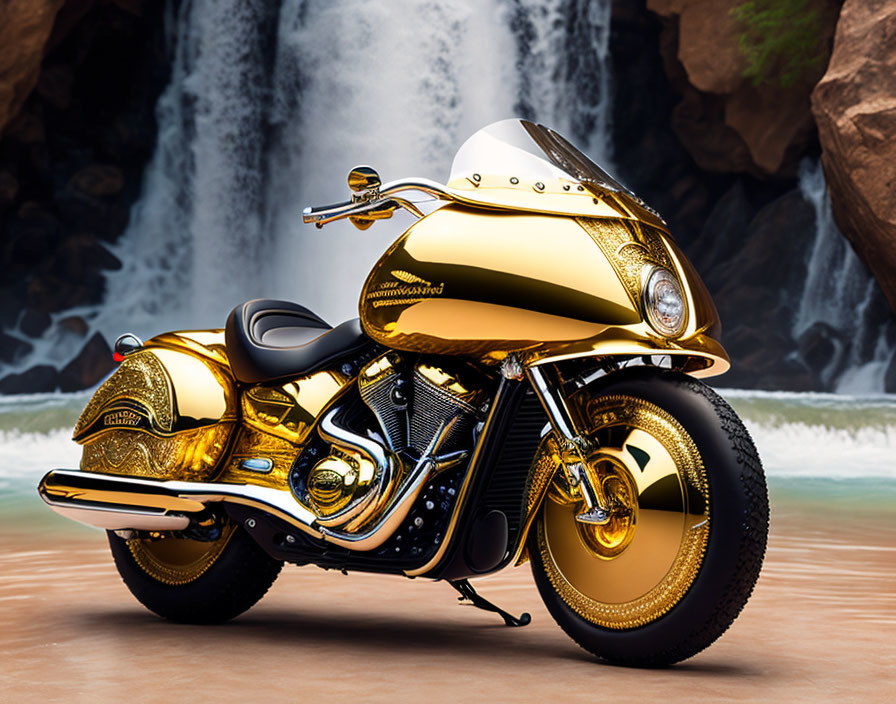 Luxurious Gold Motorcycle with Large Fairing and Chrome Accents by Waterfall