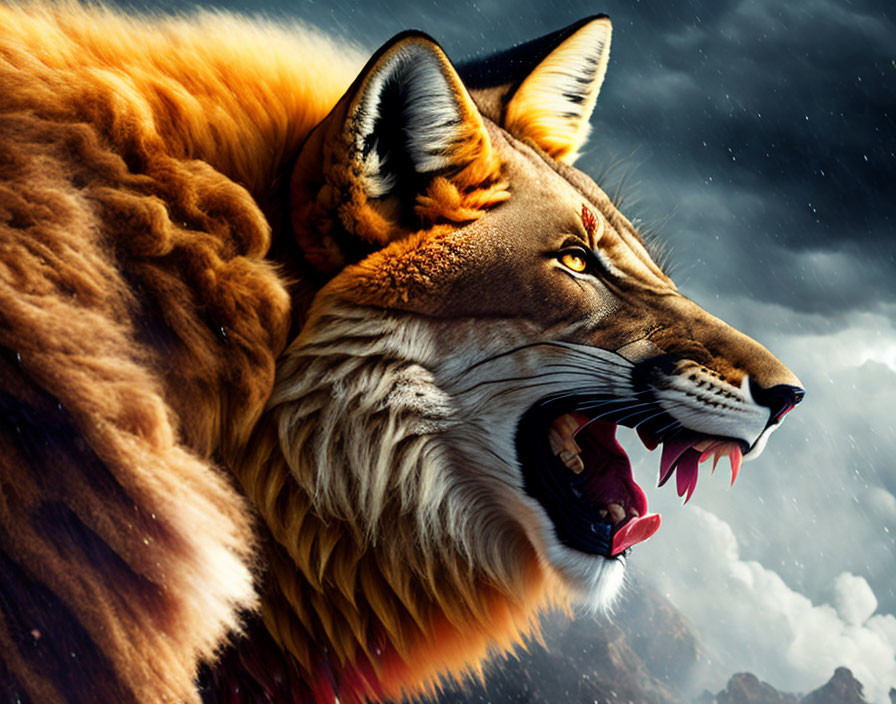 Digital artwork featuring lion-fox hybrid creature against stormy mountain backdrop