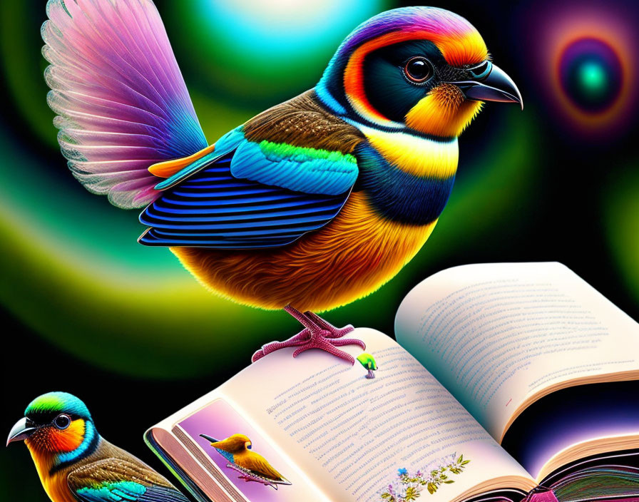 Colorful Digital Artwork: Bright Bird on Open Book with Psychedelic Background