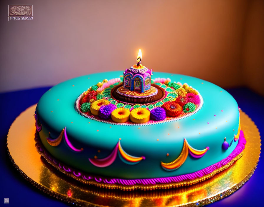 Colorful Birthday Cake with Lit Candle and Indian-inspired Decorations