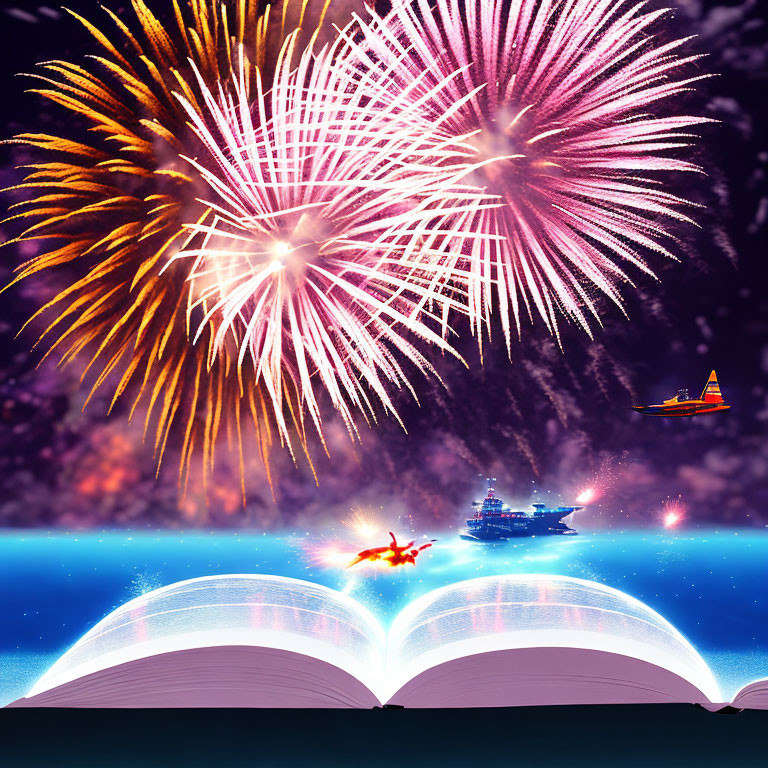 Colorful fireworks illuminate open book with ship and plane illustrations against starry sky