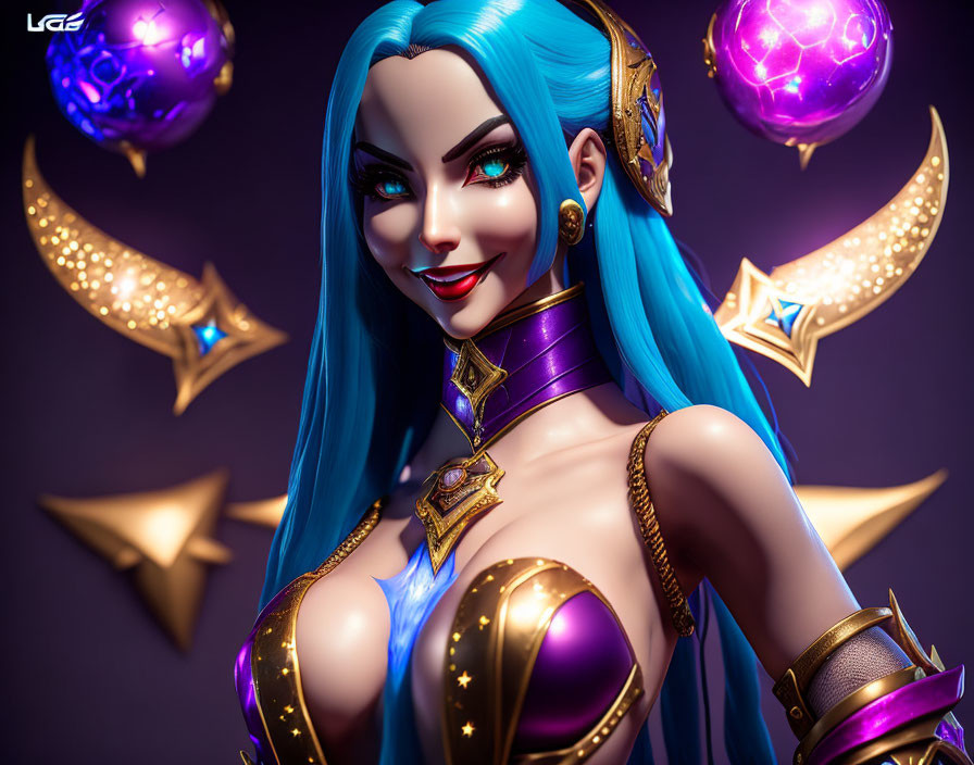 Blue-haired female character in golden headpiece and purple armor holding glowing orbs.