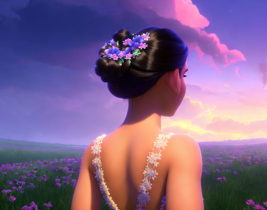 Woman admiring sunset in flower-filled field with purple blooms and colorful sky