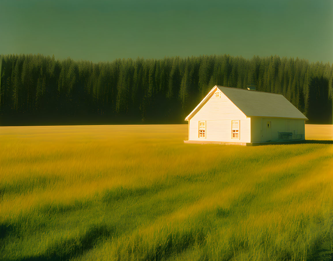 White House in Golden Wheat Field with Evergreen Trees in Sunlight