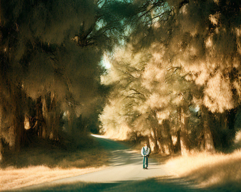 Tranquil scene of person walking under lush trees