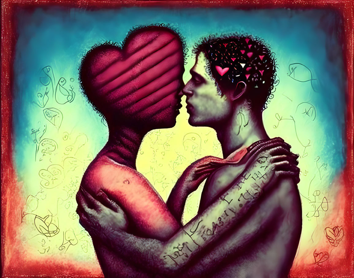 Couple Embracing with Blended Heads in Heart Shape on Graffiti Background