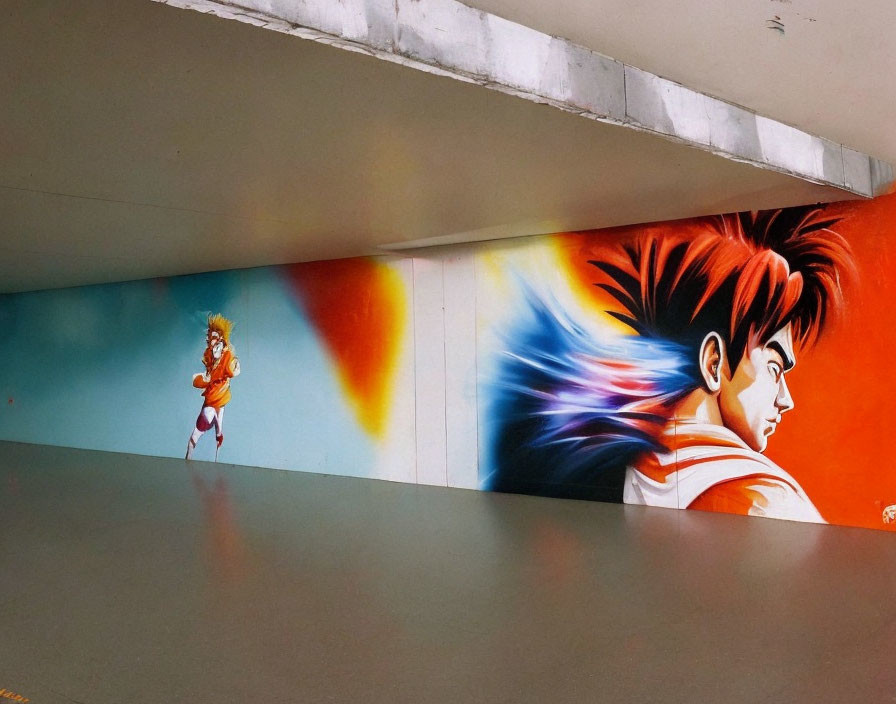 Vibrant mural of anime character with spiky hair in dynamic pose