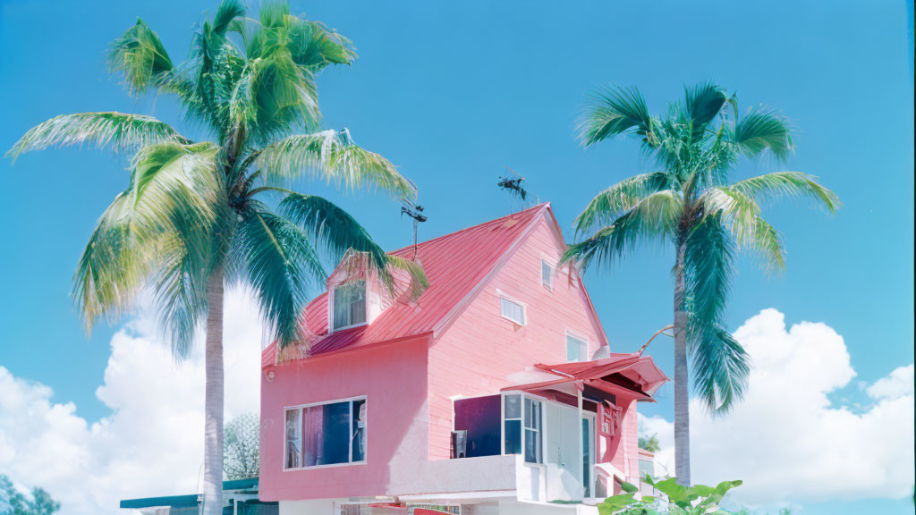 Pink House with Red Roof Surrounded by Palm Trees under Blue Sky