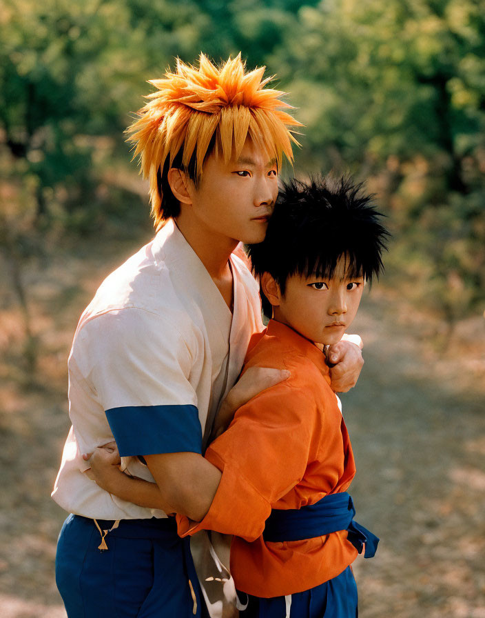 Anime Cosplayers with Spiky Orange and Black Hair in Wooded Setting