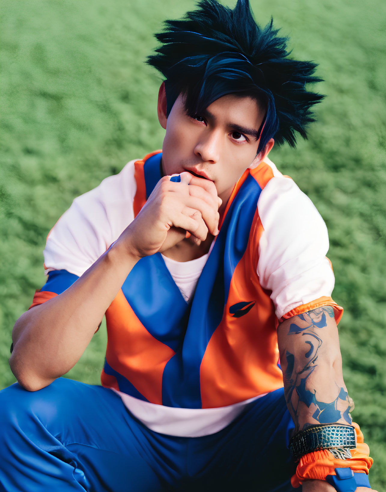 Character in Blue and Orange Costume with Spiky Hair Sitting Outdoors