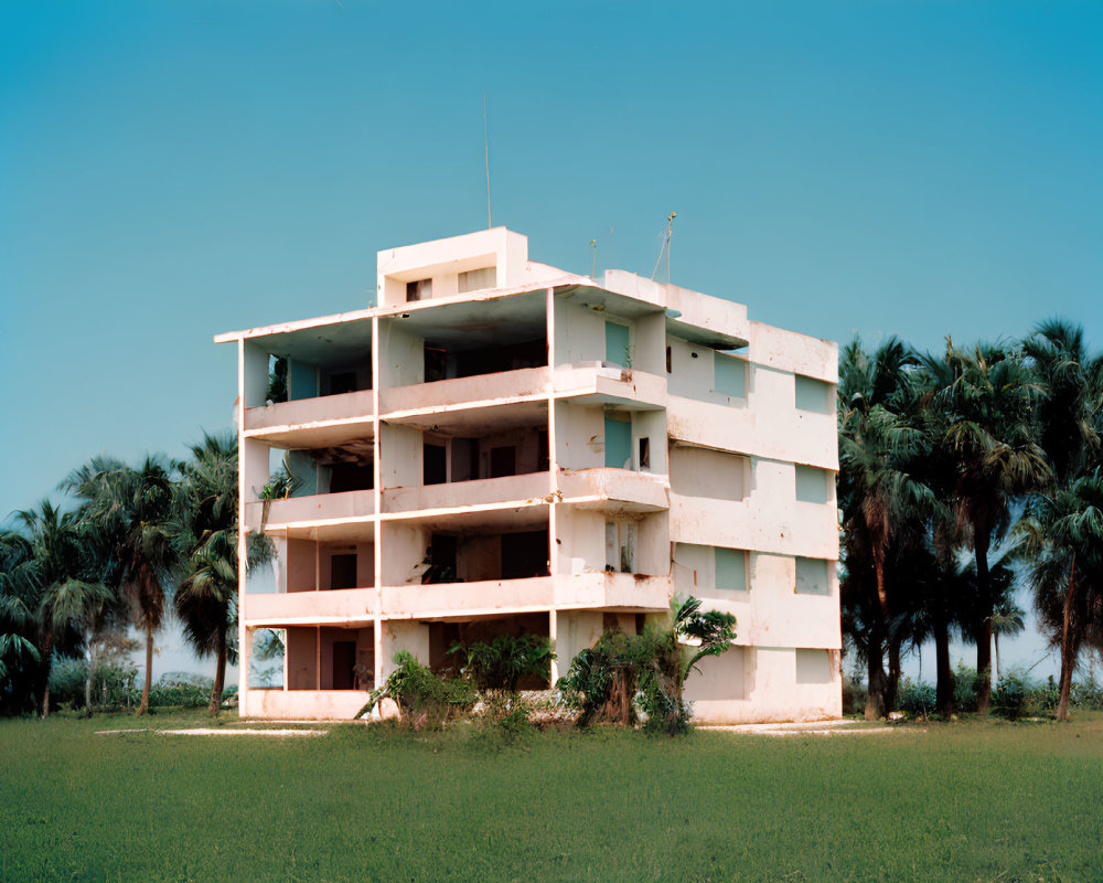 Abandoned multi-story building with weathered white walls in lush green palm tree setting