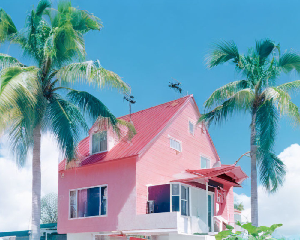 Pink House with Red Roof Surrounded by Palm Trees under Blue Sky