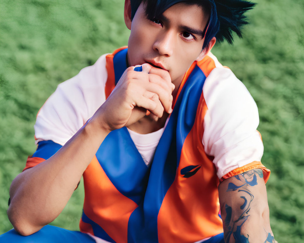 Character in Blue and Orange Costume with Spiky Hair Sitting Outdoors