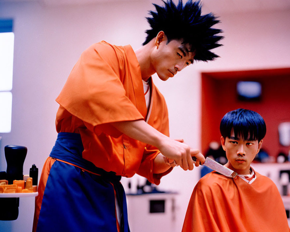 Hairstylist cutting young boy's hair in salon with spiky hair and tools