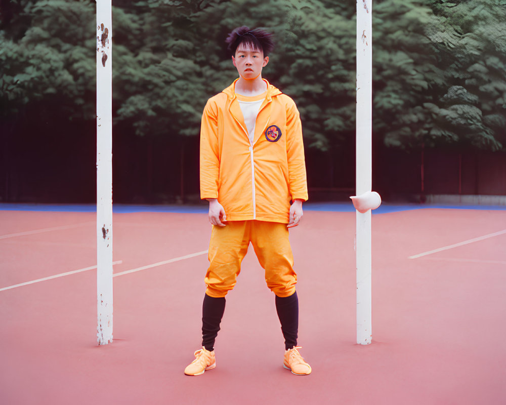 Vibrant orange tracksuit on person standing on red soccer court