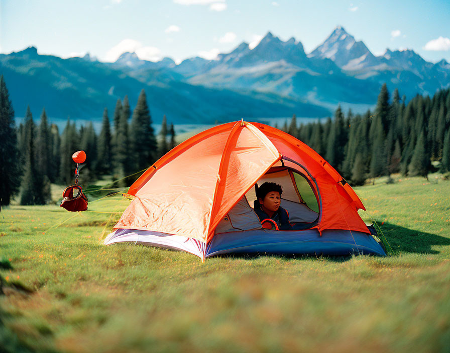 Person resting in orange tent on green meadow with mountain range and blue sky.