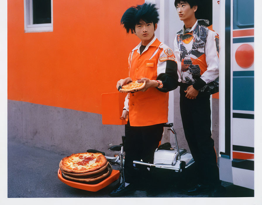 Two individuals in orange and black uniforms with pizzas beside a scooter against an orange wall