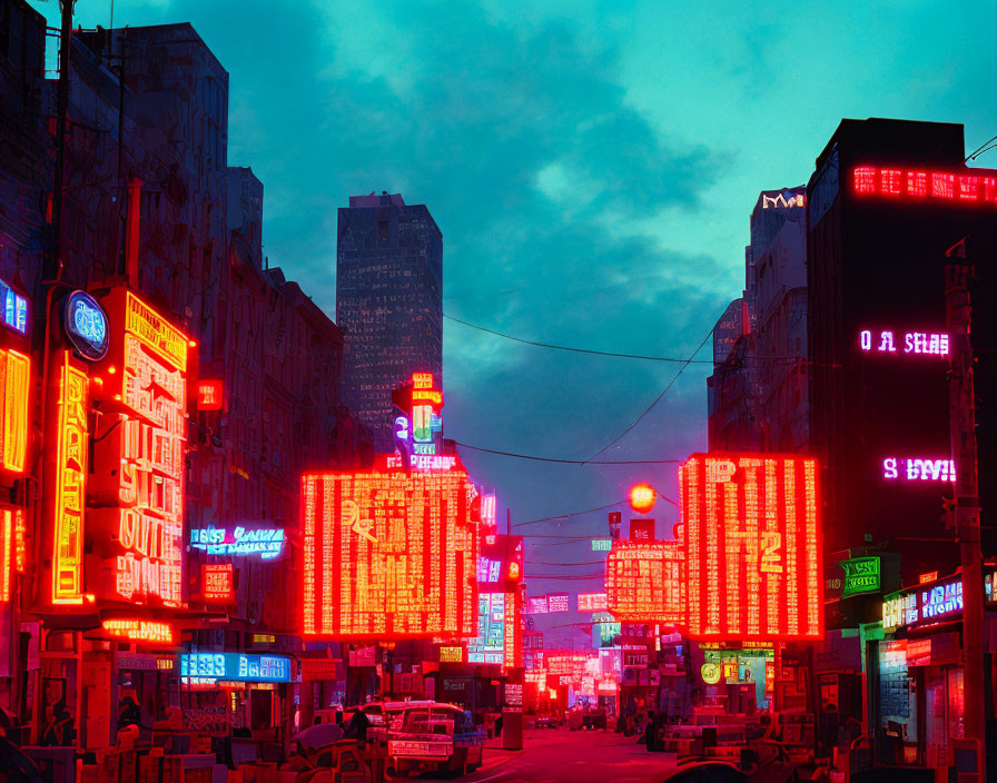 Neon-lit street at dusk with multilingual signs and billboards