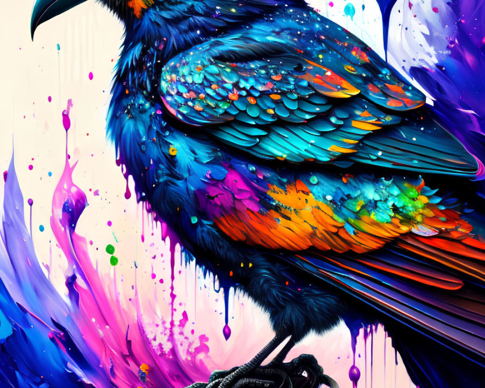 Colorful Stylized Bird in Rainbow Palette Among Dynamic Paint Splashes