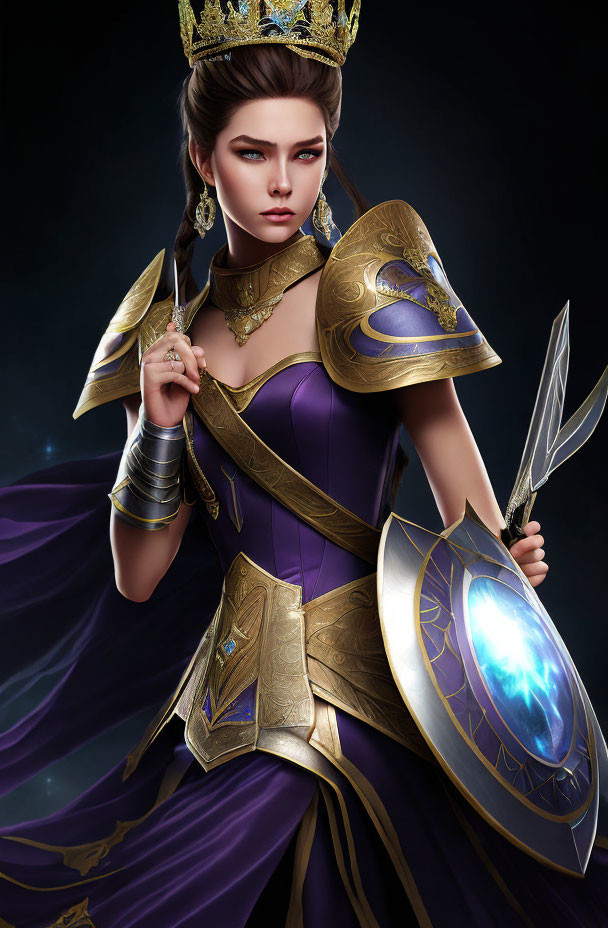 Regal warrior queen in gold-accented purple gown with sword and shield