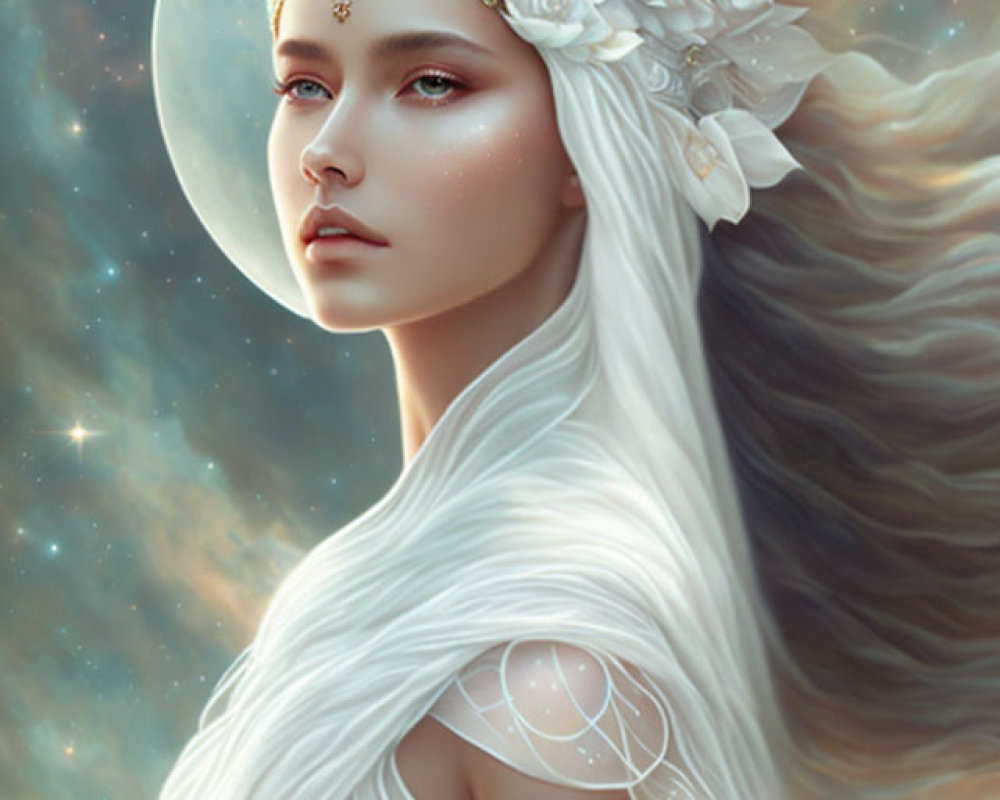 Ethereal woman with white hair and celestial glow surrounded by stars