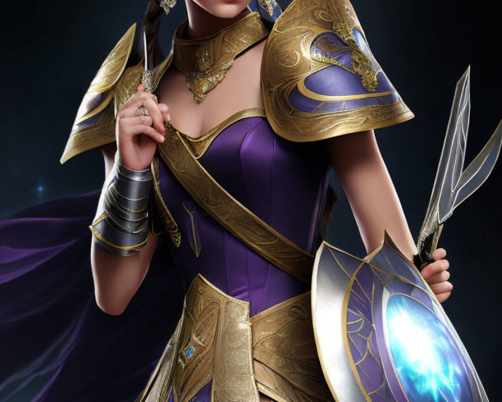 Regal warrior queen in gold-accented purple gown with sword and shield