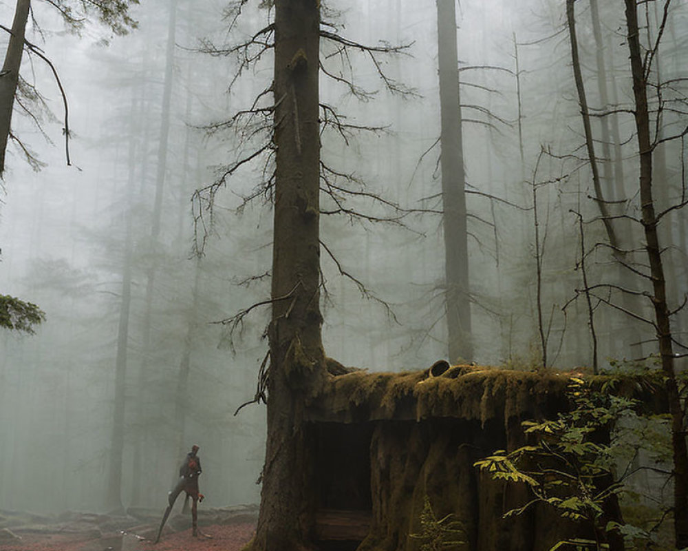 Misty forest scene with uprooted tree and red foliage path