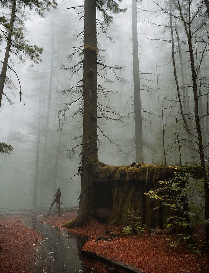 Misty forest scene with uprooted tree and red foliage path