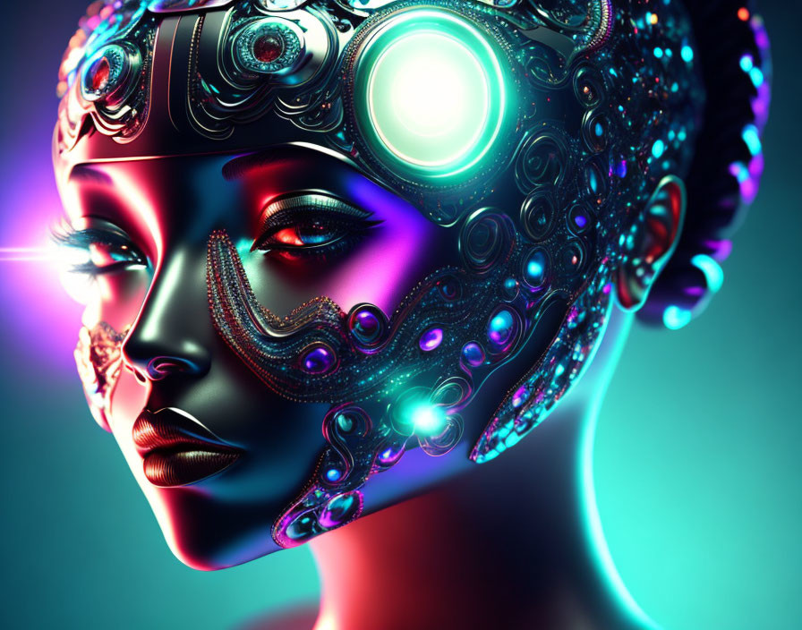 Futuristic female android with intricate metallic headgear emitting light beam