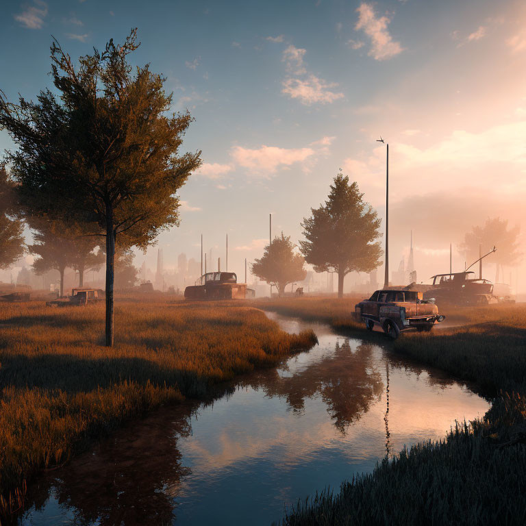 Sunrise landscape with trees, abandoned cars, water stream, and city skyline in foggy background