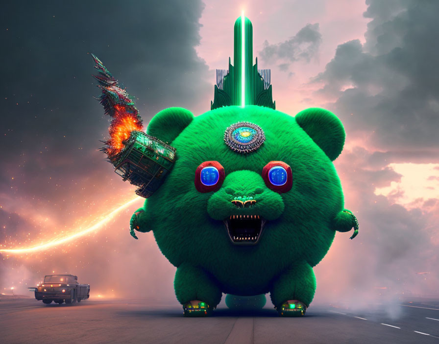 Surreal digital art: Green furry creature on road with fiery swirl and flying ship