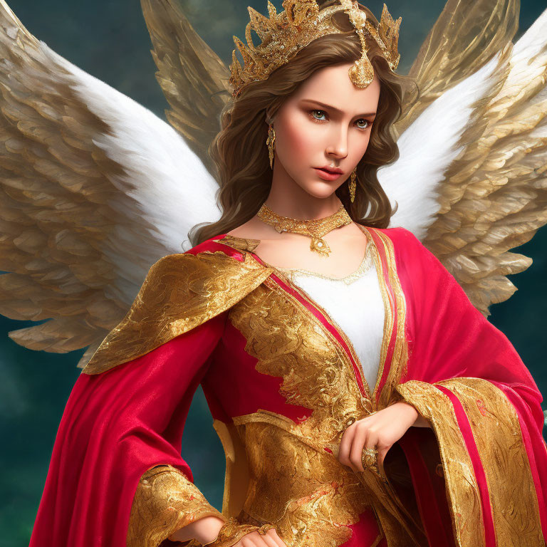 Regal figure with angel wings in gold crown and robes on dark background