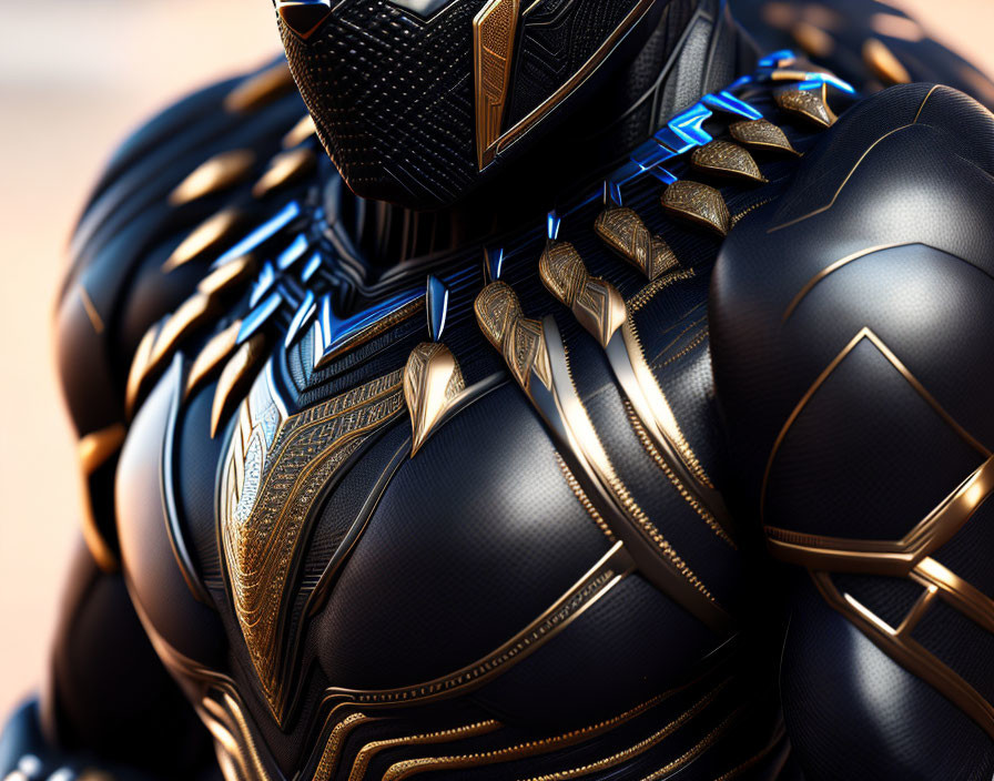 Detailed Black and Gold Suit with Glowing Blue Accents