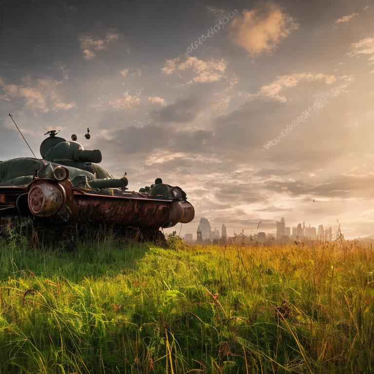 Abandoned tank in overgrown grass at sunset near city skyscrapers